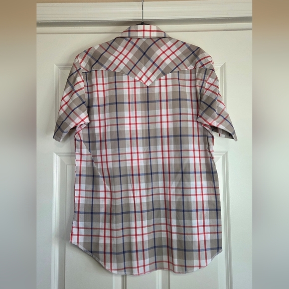 Wrangler Cowboy Cut Tan Plaid Short Sleeve Pearl Snap Button Down - Size 15 1/2 - Picture 8 of 8